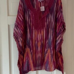 NWT CALYPSO ST BARTH tunic large crochet neckline, fringe sleeves, gold threads
